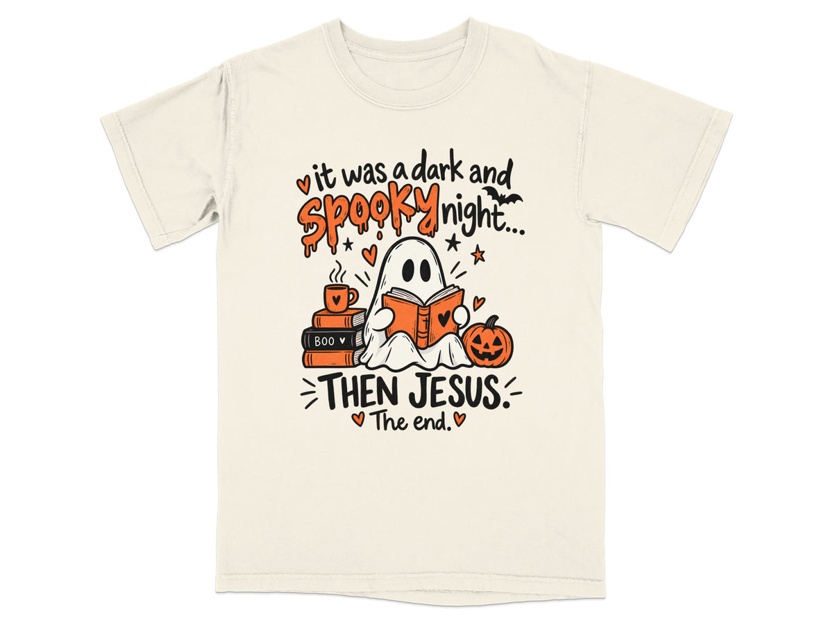 Ghost reading a book with text "it was a dark and spooky night... THEN JESUS: The end."