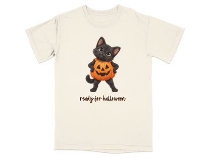 Black cat wearing a pumpkin costume with "ready for halloween" text.