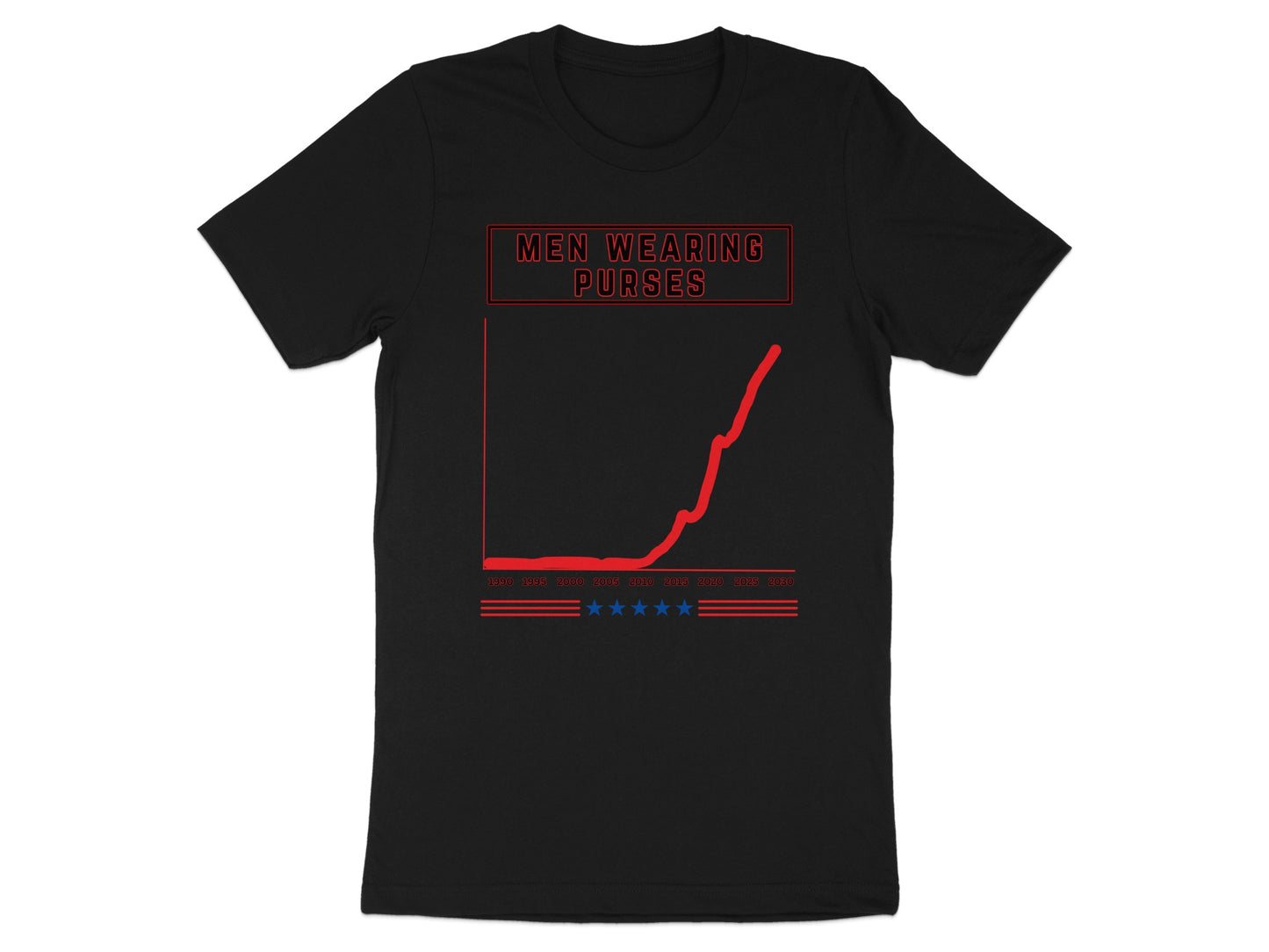 Black t-shirt with "MEN WEARING PURSES" text above a red graph showing increasing trend.