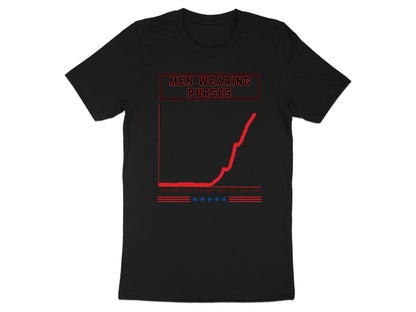 Black t-shirt with "MEN WEARING PURSES" text above a red graph showing increasing trend.