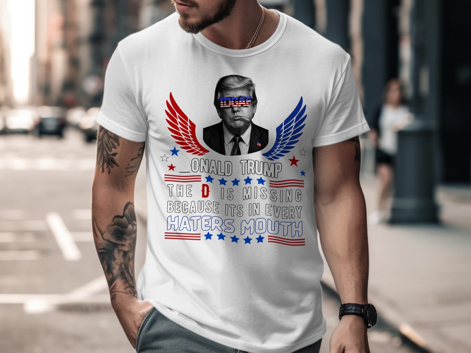 White t-shirt with Donald Trump graphic and text.