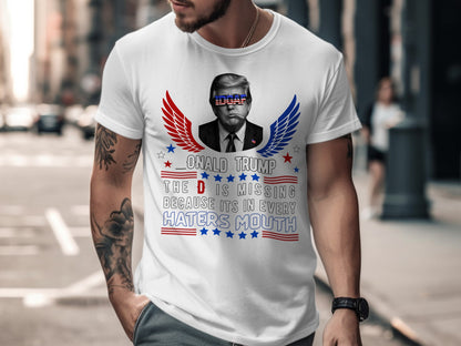 White t-shirt with Donald Trump graphic and text.