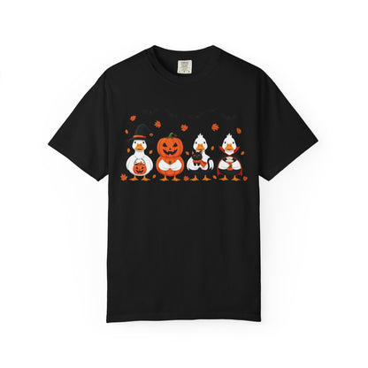 Black t-shirt with four Halloween-themed ducks: witch, pumpkin, black cat, and vampire.