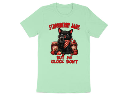 Black cat with sunglasses holding a gun, surrounded by strawberry jam jars. Text: Strawberry Jams But My Glock Don't.
