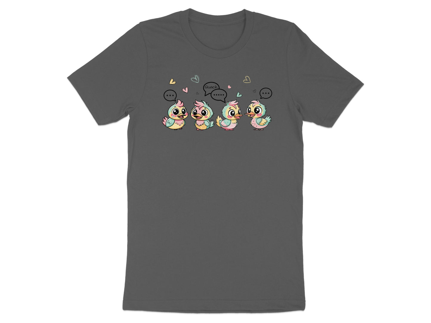 Four pastel chicks with speech bubbles, one saying "Quack".