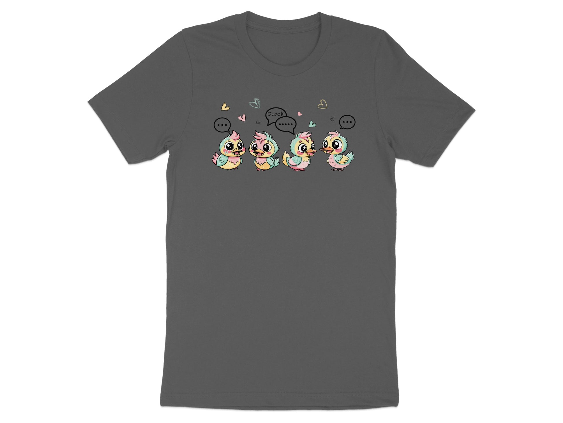 Four pastel chicks with speech bubbles, one saying "Quack".