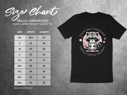 Size chart for Bella + Canvas 3001 unisex short sleeve tee with raccoon graphic.