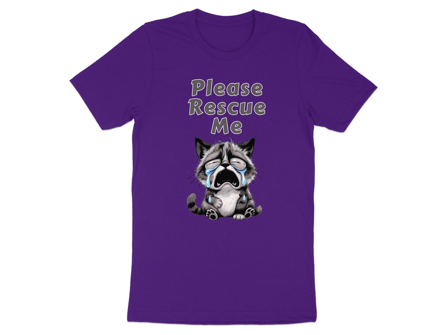 Purple t-shirt with "Please Rescue Me" and a crying raccoon graphic.