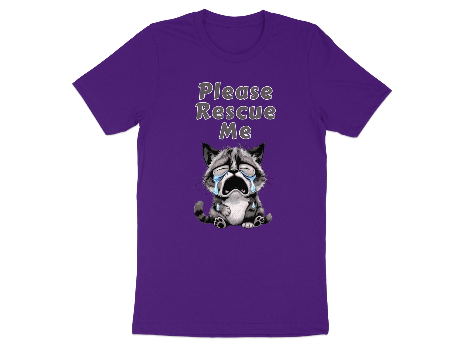 Purple t-shirt with "Please Rescue Me" and a crying raccoon graphic.