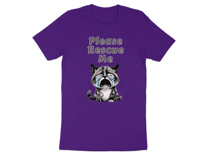 Purple t-shirt with "Please Rescue Me" and a crying raccoon graphic.