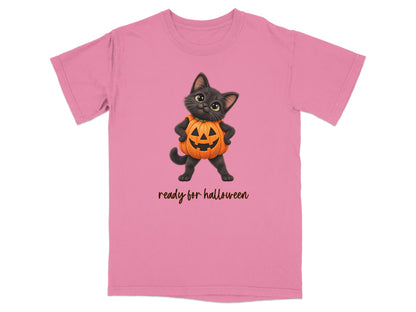Black kitten in pumpkin costume with "ready for halloween" text.