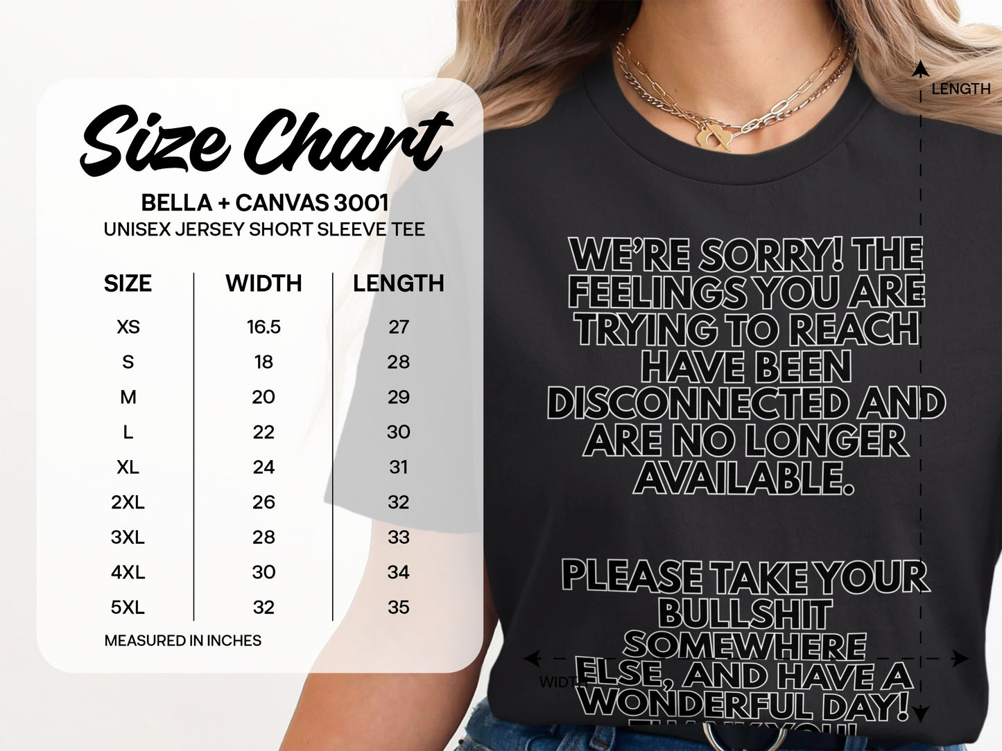 Size chart for Bella + Canvas 3001 unisex jersey tee with size, width, and length measurements.