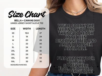 Size chart for Bella + Canvas 3001 unisex jersey tee with size, width, and length measurements.
