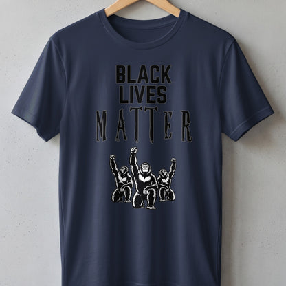 Navy t-shirt with "BLACK LIVES MATTER" text and three raised-fist gorillas.