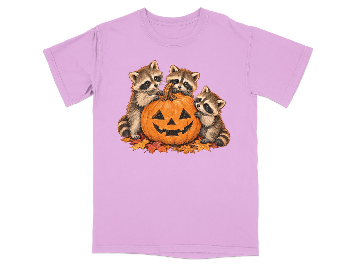 Three raccoons gather around a carved jack-o'-lantern on a bed of autumn leaves.