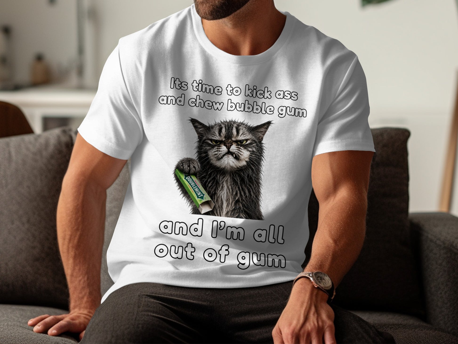 White t-shirt with a grumpy cat holding Doublemint gum and text.