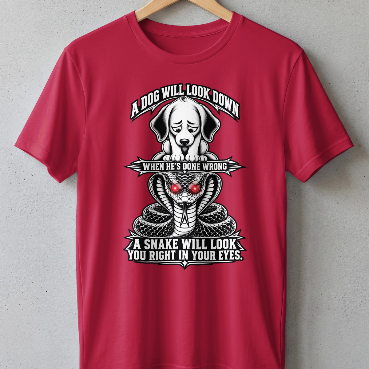 Red t-shirt with illustration of a sad dog and a striking cobra.