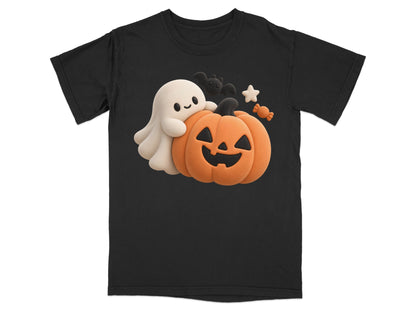 Black t-shirt featuring a cute ghost, jack-o'-lantern, bat, star, and candy.