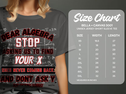 Dark grey t-shirt with "Dear Algebra, Stop Asking Us To Find Your X, Shes Never Coming Back" text.