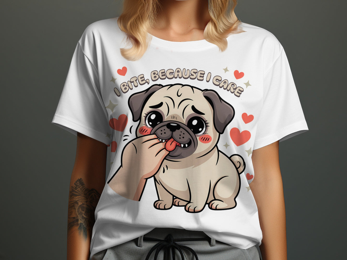 White t-shirt with pug and text "I BITE, BECAUSE I CARE".