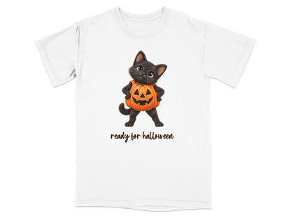 Black cat in pumpkin costume with text "ready for halloween" on white t-shirt.