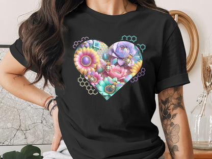 Floral Heart & Bee Graphic Tee: Nature Lover Gift