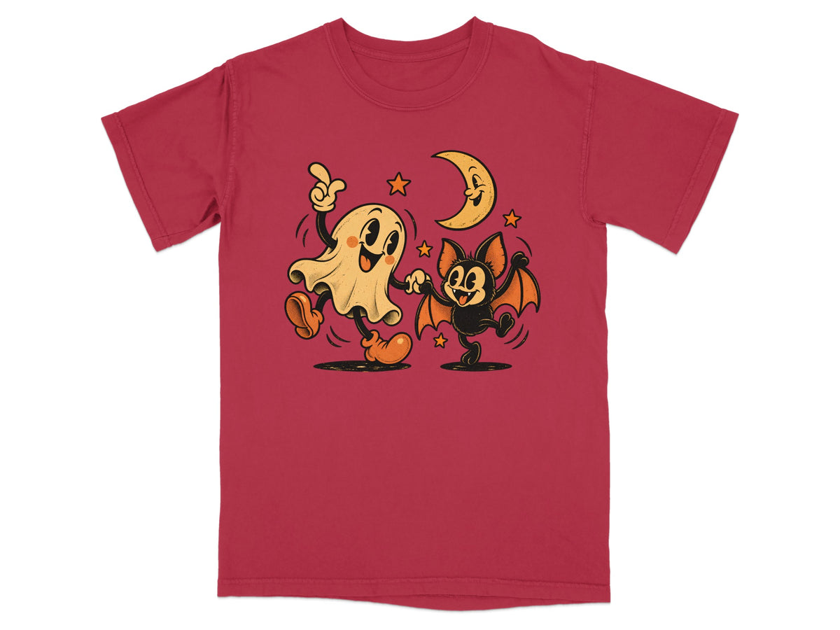 Cartoon ghost and bat dancing under a smiling moon and stars.