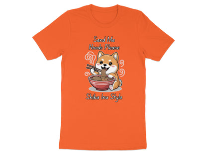 Orange t-shirt with a Shiba Inu eating noodles and text "Send Me Noods Please Shiba Inu Style".