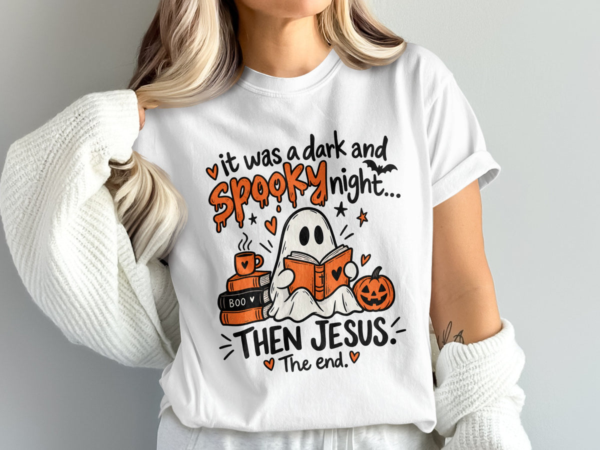 Ghost reading book with text "It was a dark and spooky night... Then Jesus. The end."