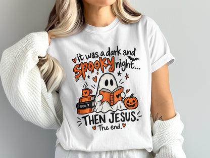 Ghost reading book with text "It was a dark and spooky night... Then Jesus. The end."