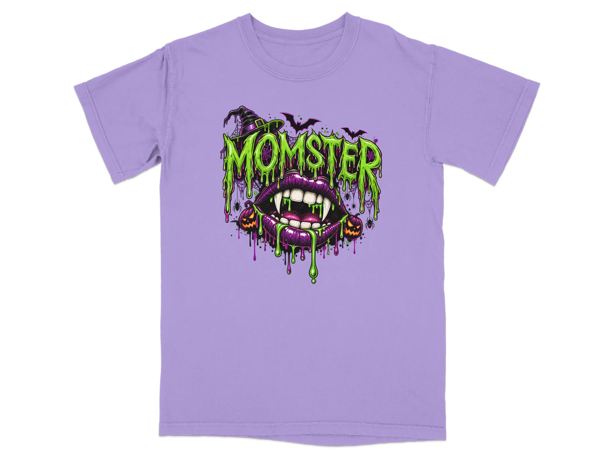 Purple t-shirt with Momster graphic featuring dripping green text, fangs, and Halloween elements.
