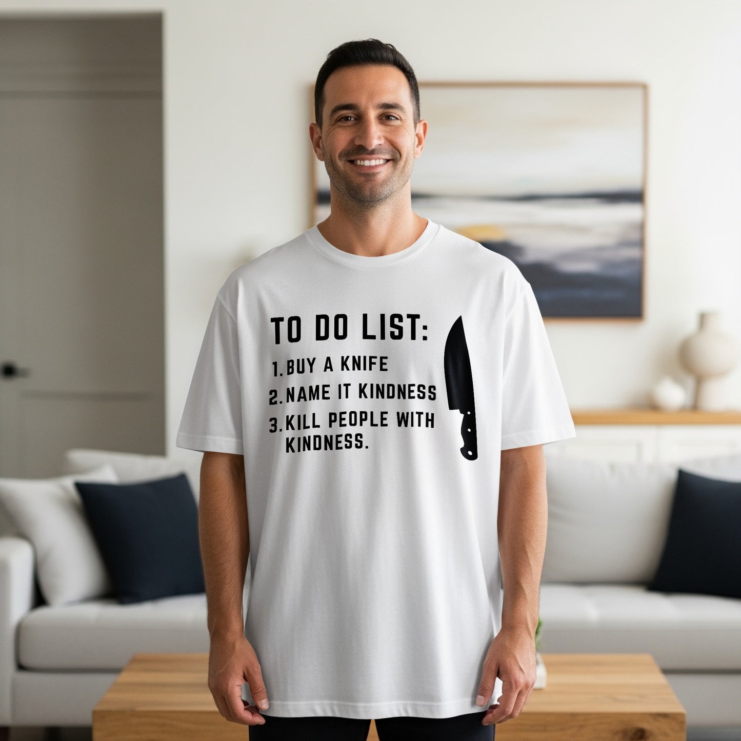 White t-shirt with "TO DO LIST:" and a knife with text.