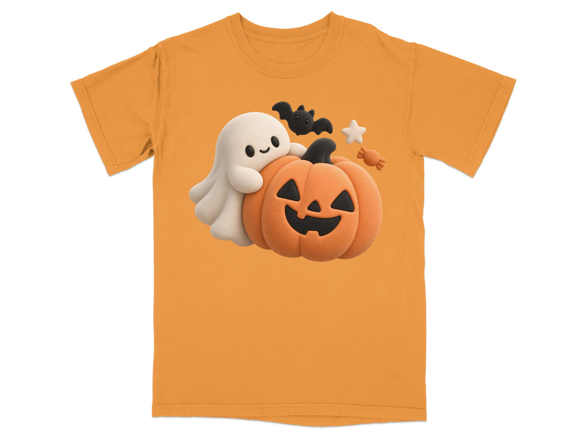 Orange t-shirt with a cute ghost hugging a Halloween pumpkin with bats and candy.