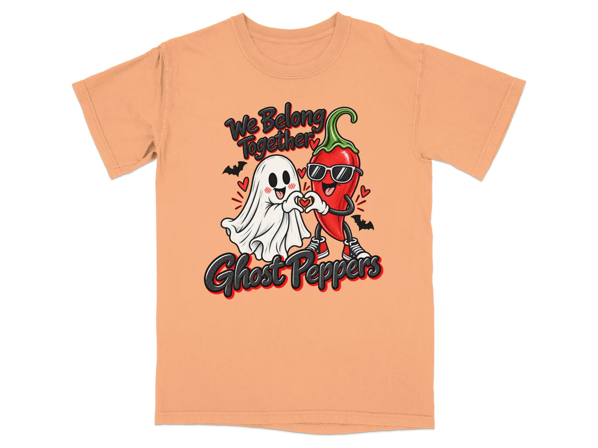 Ghost and chili pepper characters forming a heart, with "We Belong Together" and "Ghost Peppers" text.