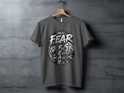Dark grey t-shirt with lion and crown graphic, text "FEAR FACE EVERYTHING AND RISE".
