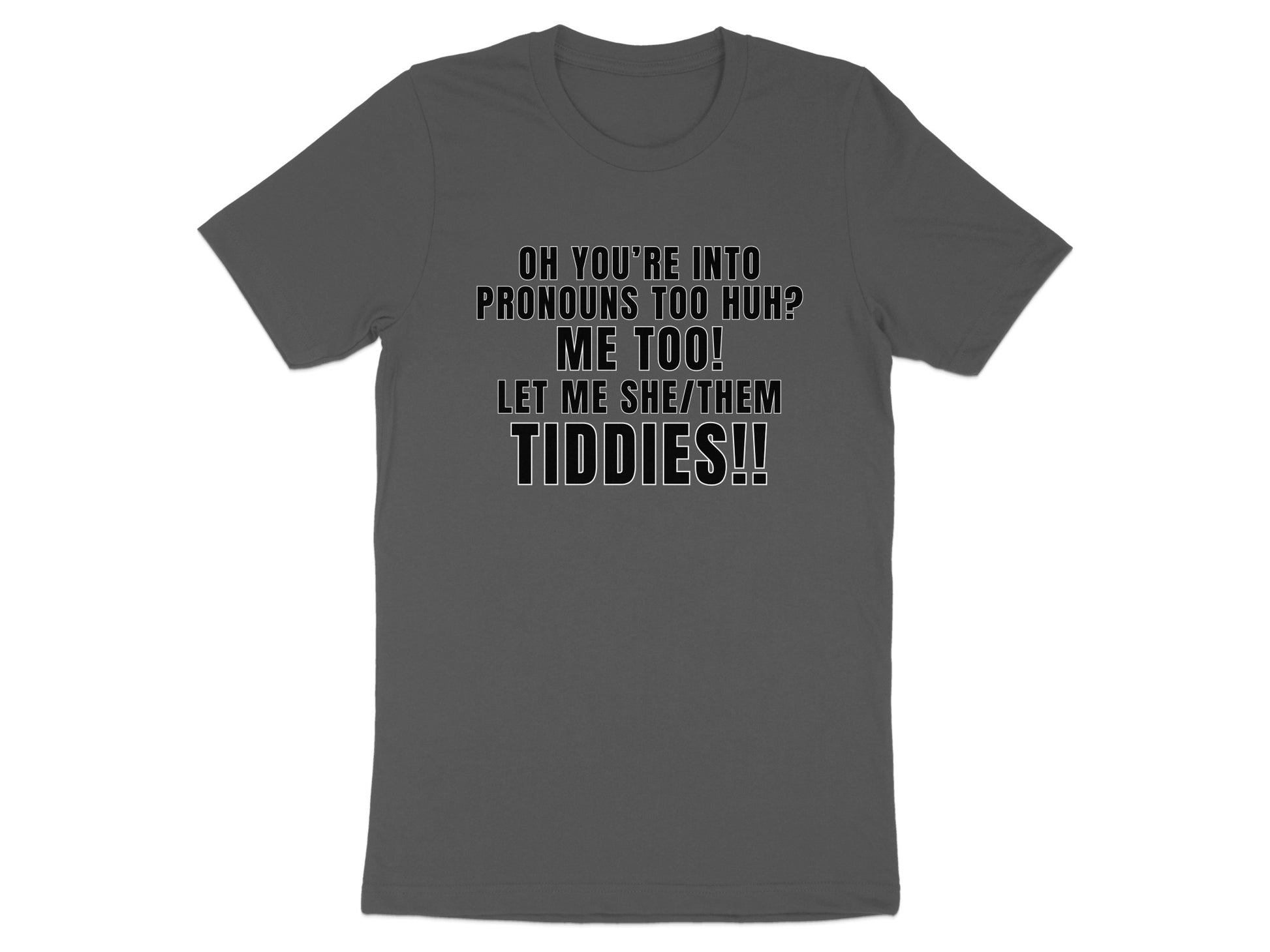 Gray t-shirt with text: "Oh you're into pronouns too huh? Me too! Let me she/them tiddies!!"