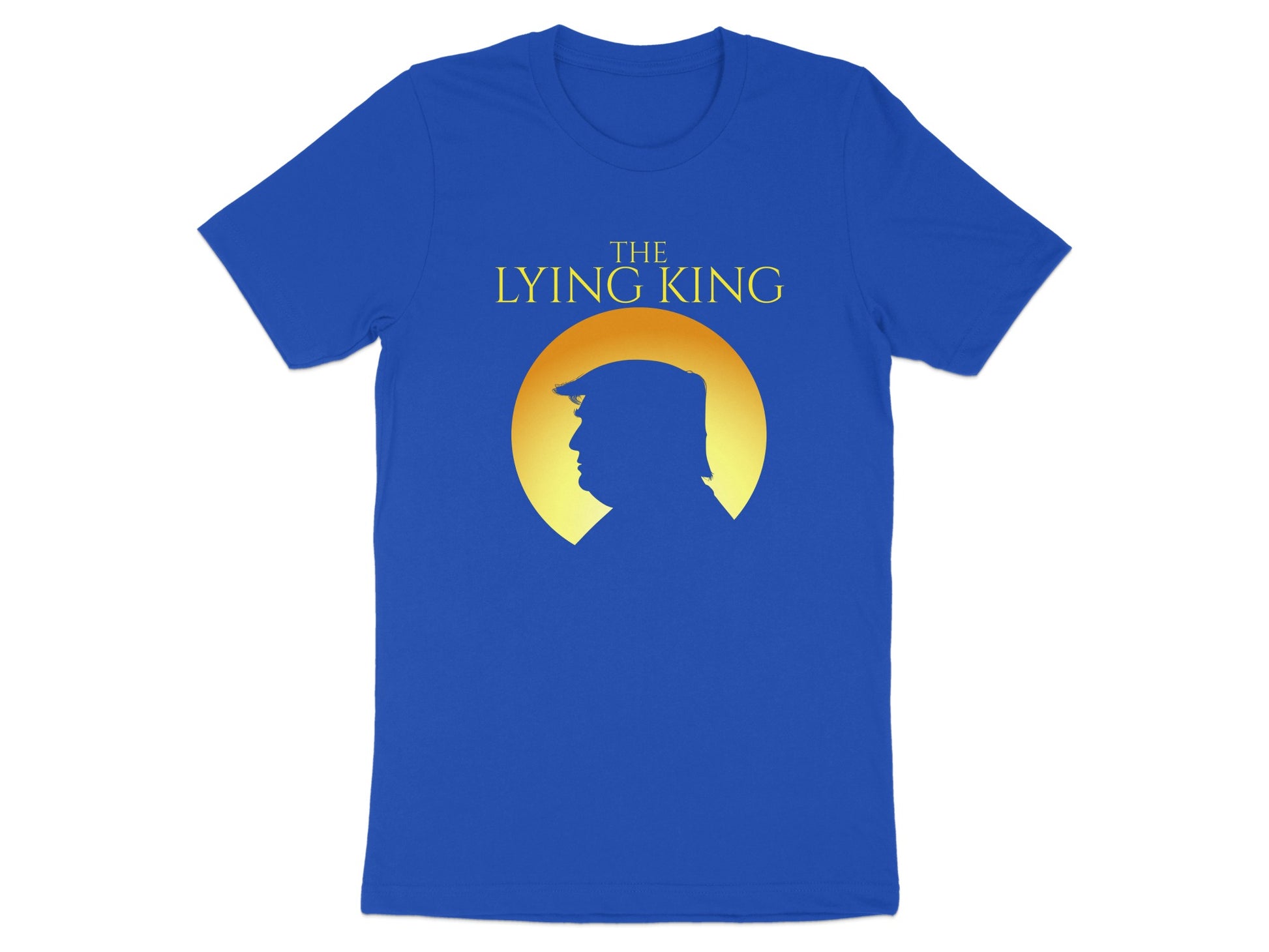 Blue t-shirt with silhouette of Trump and text "THE LYING KING".