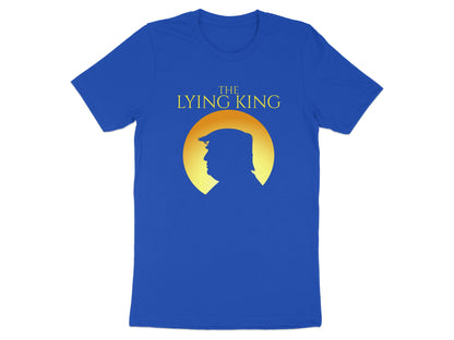 Blue t-shirt with silhouette of Trump and text "THE LYING KING".