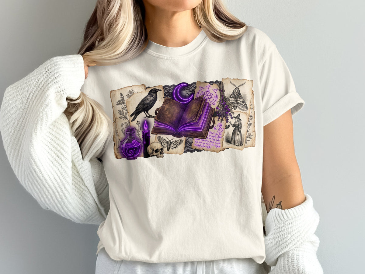 T-shirt design features a collage of witchy, occult, and gothic illustrations on parchment.