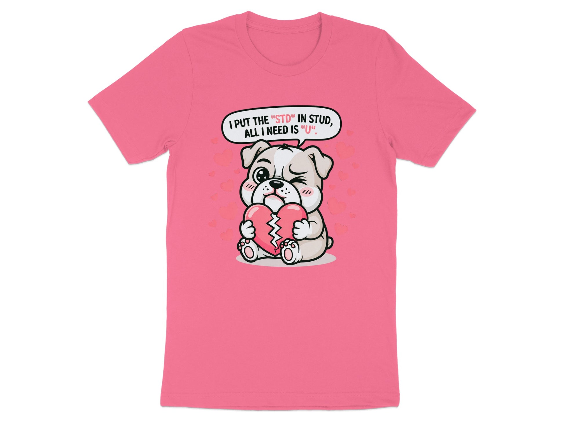 Pink t-shirt with cartoon dog holding broken heart and text bubble.