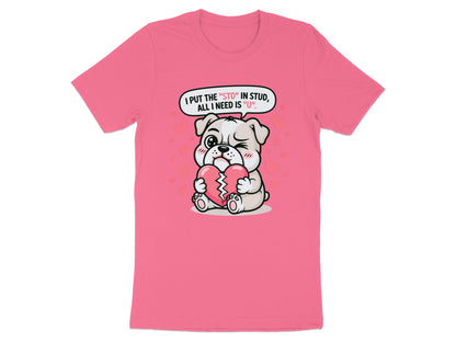 Pink t-shirt with cartoon dog holding broken heart and text bubble.