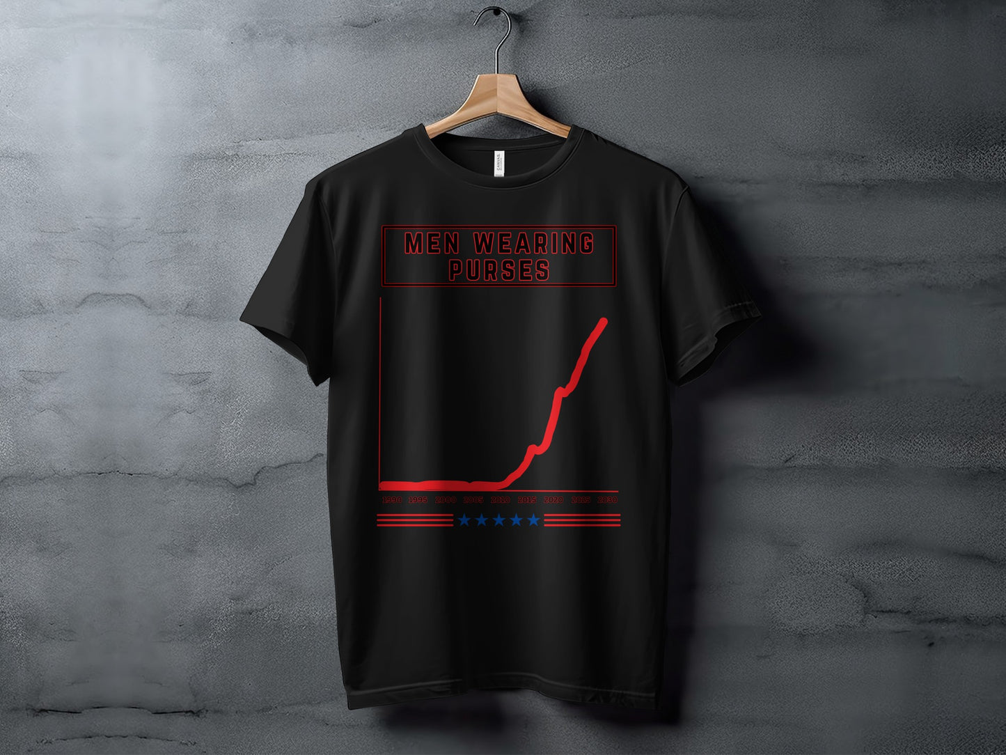 Black t-shirt with red text "MEN WEARING PURSES" and a rising red graph.