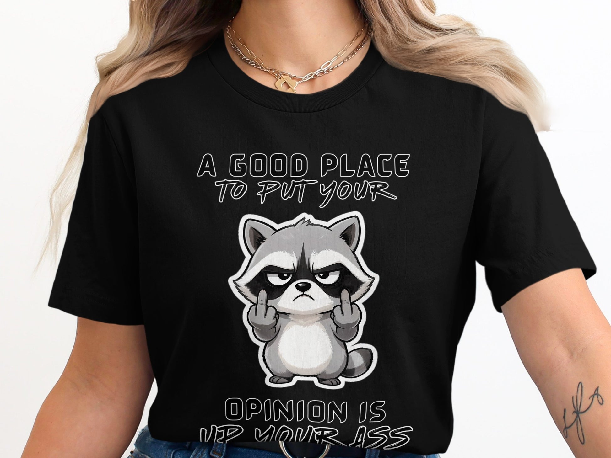 Black t-shirt with a cartoon raccoon giving the middle finger and text.