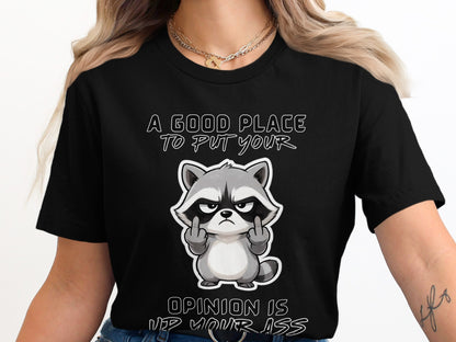 Black t-shirt with a cartoon raccoon giving the middle finger and text.