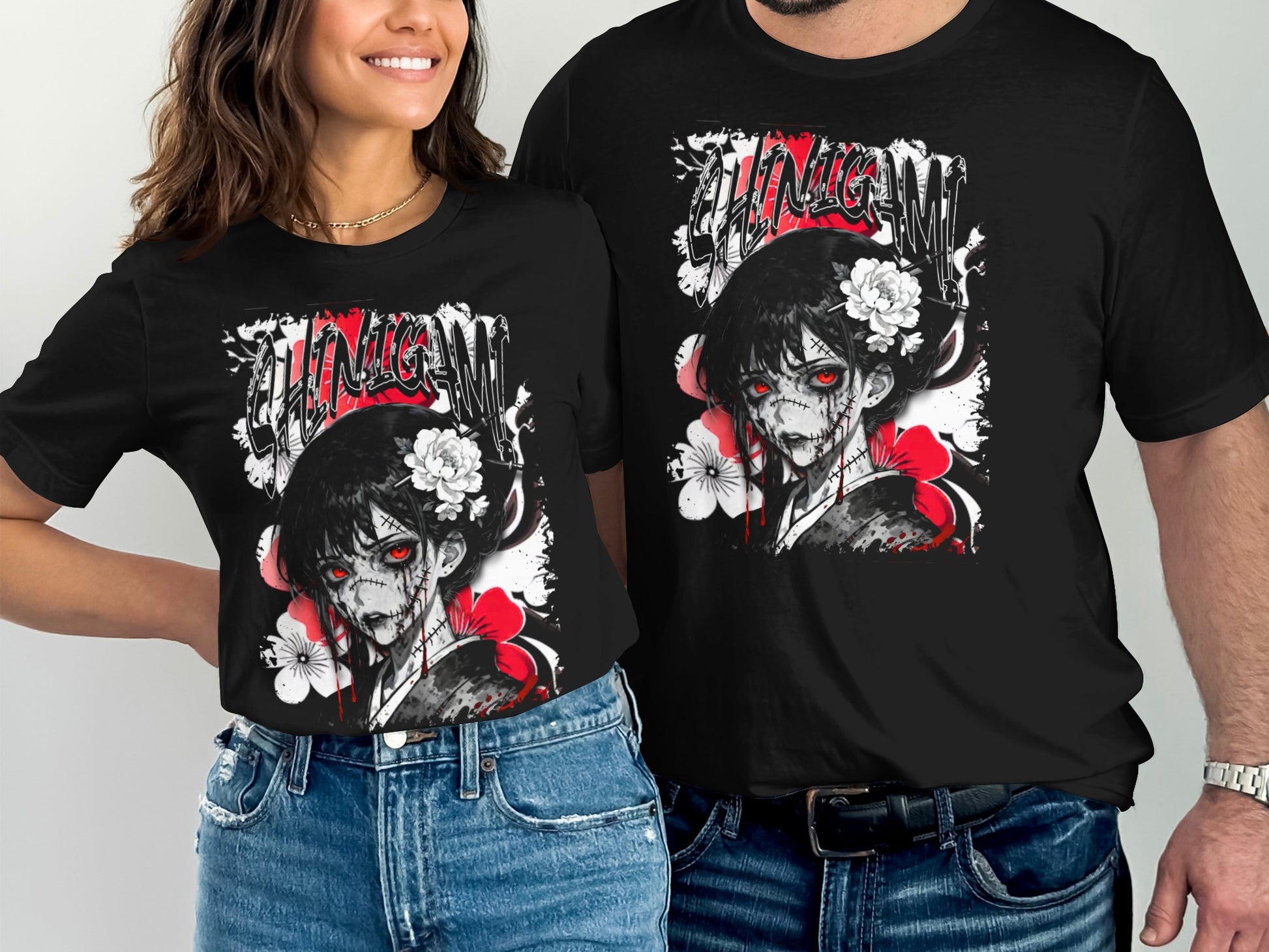 Black t-shirts feature a distressed graphic of a zombie girl with red eyes and flowers.