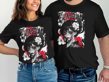 Black t-shirts feature a distressed graphic of a zombie girl with red eyes and flowers.