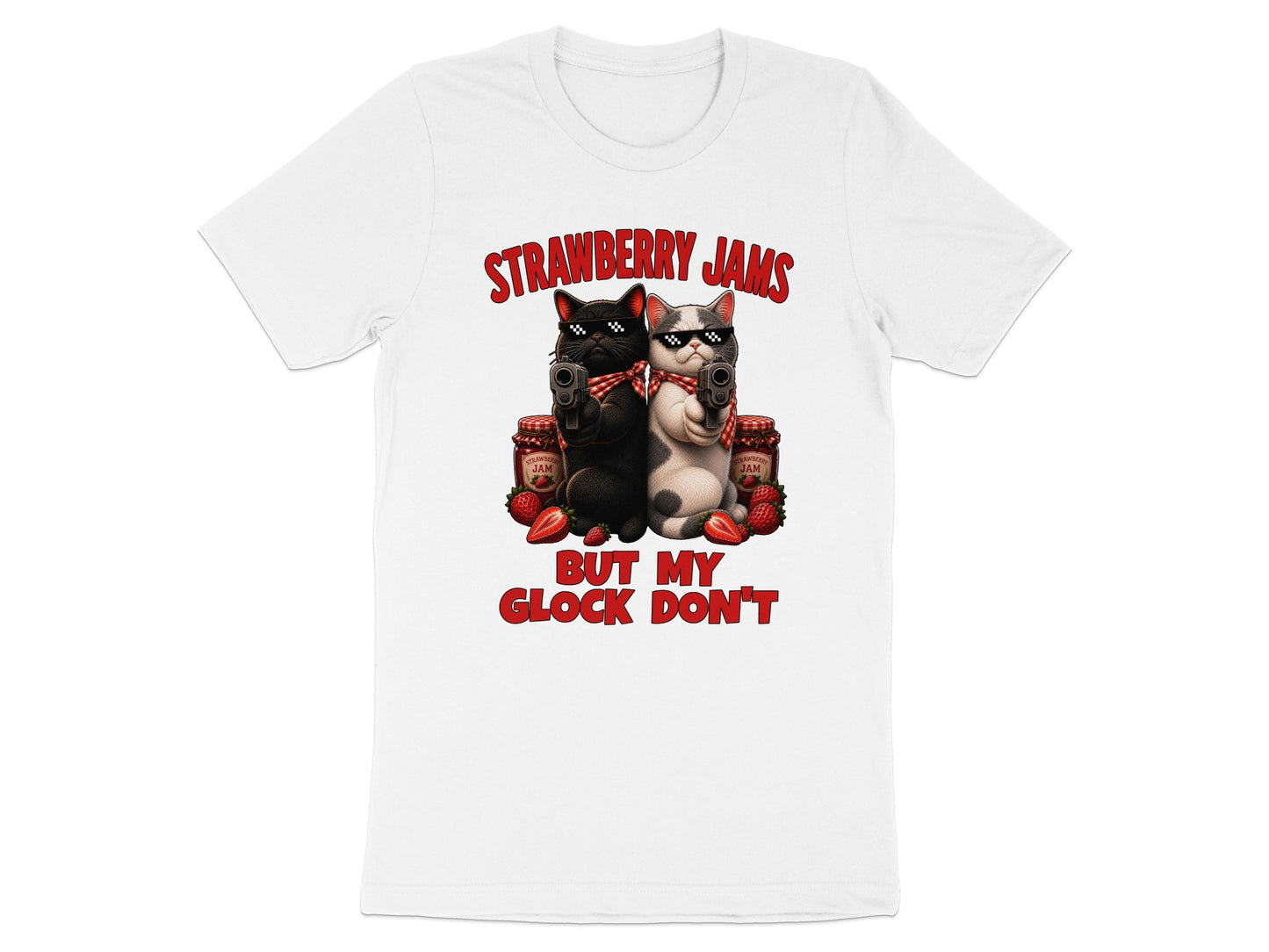White t-shirt with cartoon cats holding guns and text "Strawberry Jams But My Glock Don't".