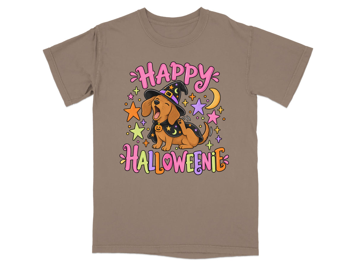Dachshund in witch hat with "Happy Halloweenie" text and stars.