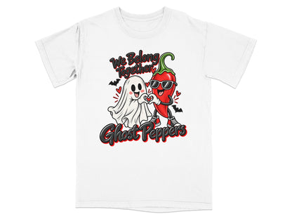 White t-shirt with ghost and chili pepper characters holding hands, text reads "We Belong Together Ghost Peppers".