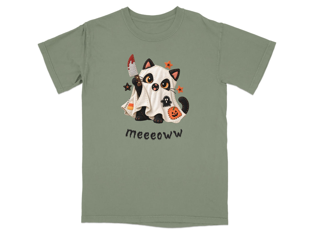 T-shirt with a black cat in a ghost costume holding a bloody knife.